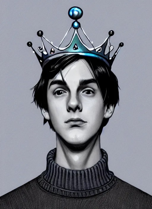 Image similar to portrait of teenage jughead jones wearing a light grey crown, crown, blue turtleneck, 1 9 5 0 s, closed eyes, photorealistic, black hair, glowing lighting, intricate, elegant, glowing lights, highly detailed, digital painting, artstation, concept art, smooth, sharp focus, illustration, art by wlop, mars ravelo and greg rutkowski