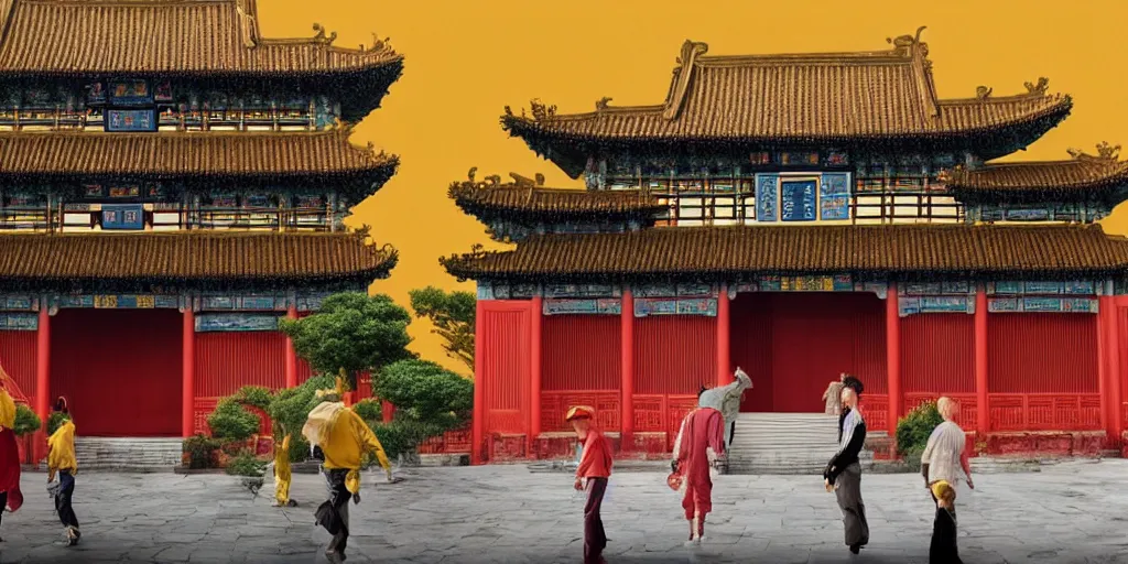 Image similar to a very high resolution image from a new movie, upside - down old yellow chinese temple, beautiful scenery, photorealistic, photography, directed by wes anderson