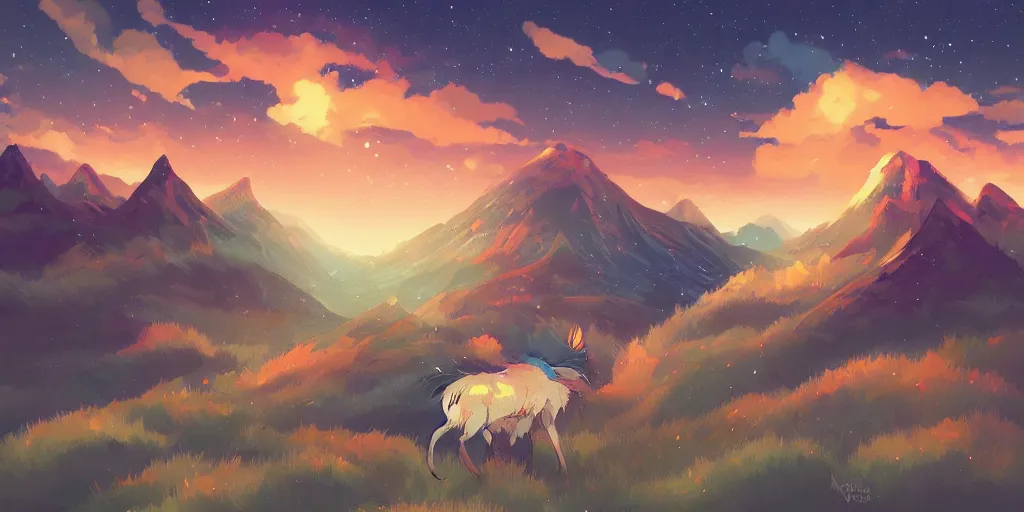 Prompt: mononoke, mountain landscape, night sky, digital art, digital painting, celestial, majestic, playful, colorful