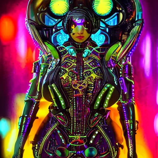 Prompt: cyberpunk queen bee with neon color body, highly detailed, steampunk