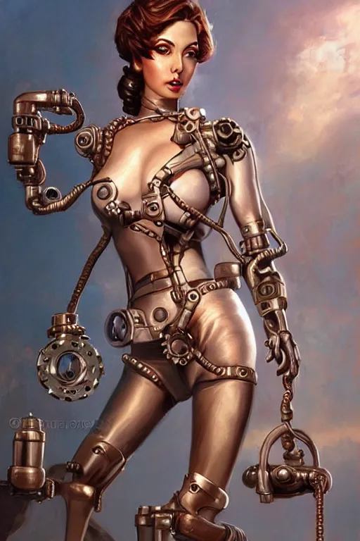 Image similar to retrofuturistic female android suspended by ropes, steampunk, gears, detailed mechanical parts, painting by artgerm julie bell Steve Henderson