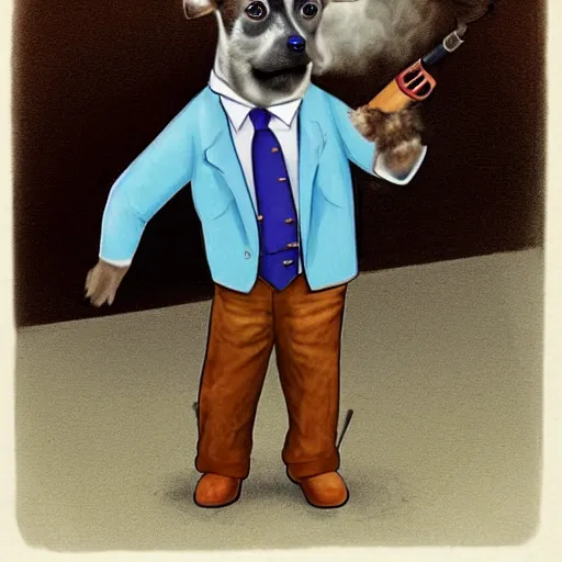 Prompt: Blue Heeler dog wearing a suit and smoking a cigar, holding a shotgun and pointing it at someone.