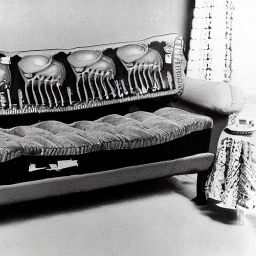 Prompt: 1942 photo shows a disturbing couch made from teeth