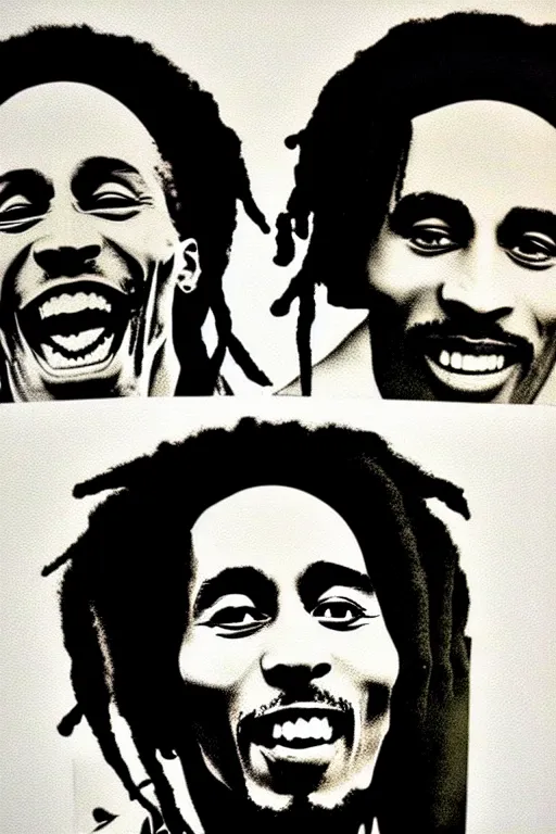 Image similar to bob marley laugh with tupac!!! pop art, pixel, bioshock, gta chinatown, artgerm, richard hamilton, mimmo rottela, julian opie, aya takano, avoid duplicate!!!, avoid redudance!!!