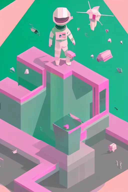 Image similar to A pastel pink low poly astronaut in an pastel green isometric room. .