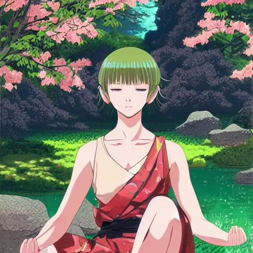 Image similar to anime key visual of a woman with short green hair meditating near a japanese spring by ilya kuvshinov