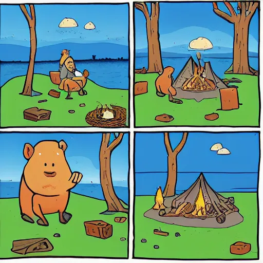 Image similar to capybaras camping on the seaside and one is playing guitar around the fire by yuga labs and by pendleton ward