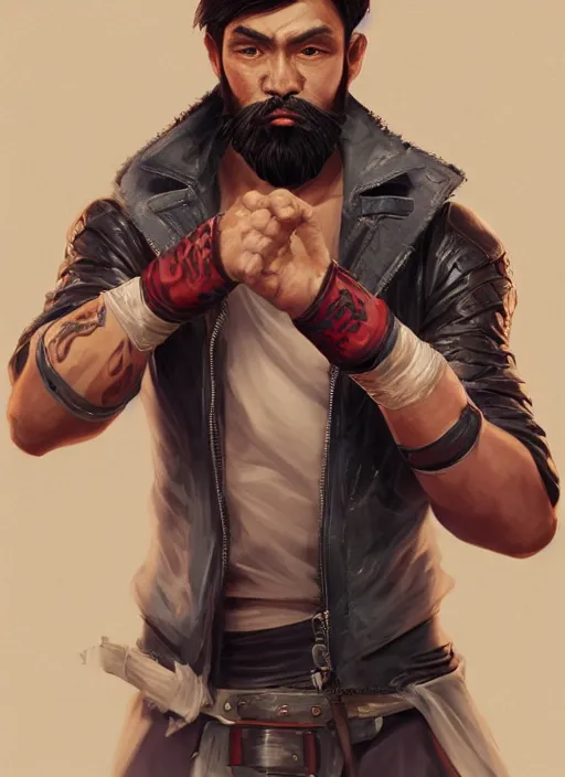 Image similar to a highly detailed illustration of bearded asian man wearing leather jacket with bandaged right hand, focused boxing philly shell stance pose, hands shielding face, intricate, elegant, highly detailed, centered, digital painting, artstation, concept art, smooth, sharp focus, league of legends concept art, WLOP