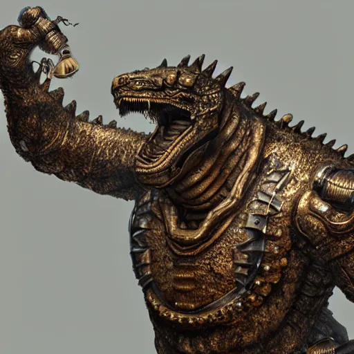 Image similar to Portrait of an angry mechanical bronze steampunk Godzilla. 4K. Concept art. Unreal engine. Highly detailed.