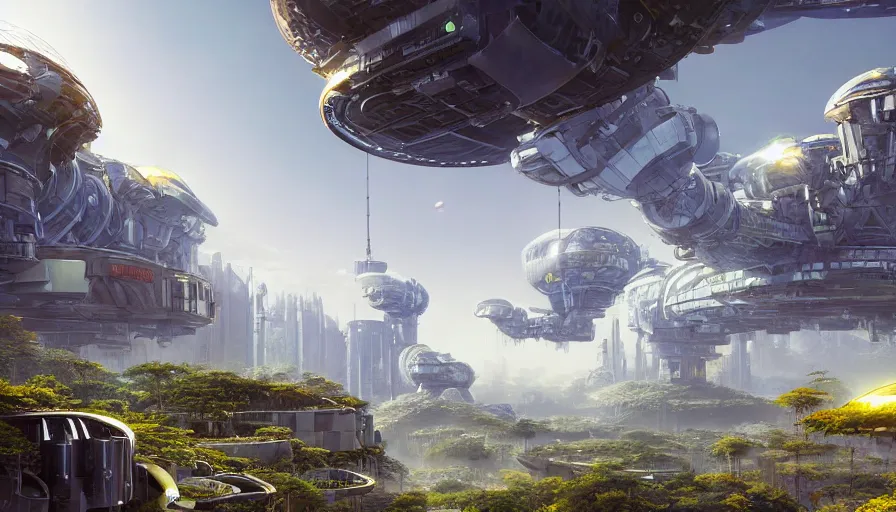 Prompt: highly detailed digital matte painting of automated robot with robotic arms harvesting beautiful gardens on a massive space station, by Raphael LaCoste and Stephan Martiniere and Justin Gerard and Robert McCall, postcyberpunk, geodesic dome, hyperdetailed, sunrise, wide shot, autochrome, octane render