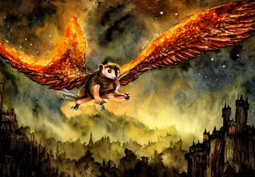 Prompt: legendary fire winged possum flying over a medieval forest castle at night under the dark starred sky, dark fantasy, watercolor, dreaming illusion, highly detailed, 4k, trending on Artstation