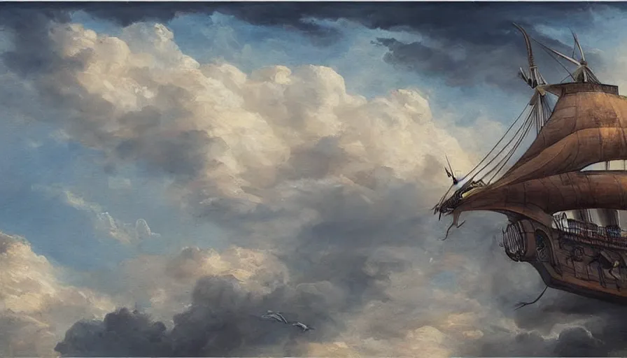 Image similar to a large pirate airship flying among the clouds, soaring through the sky, airship, realist painting, pirate, beautiful, highly detailed, trending on art station