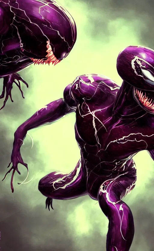 Image similar to venom in a venom inspired ironman suit, purple, black and red, dynamic lighting, photorealistic fantasy concept art, trending on art station, stunning visuals, terrifying, creative, cinematic