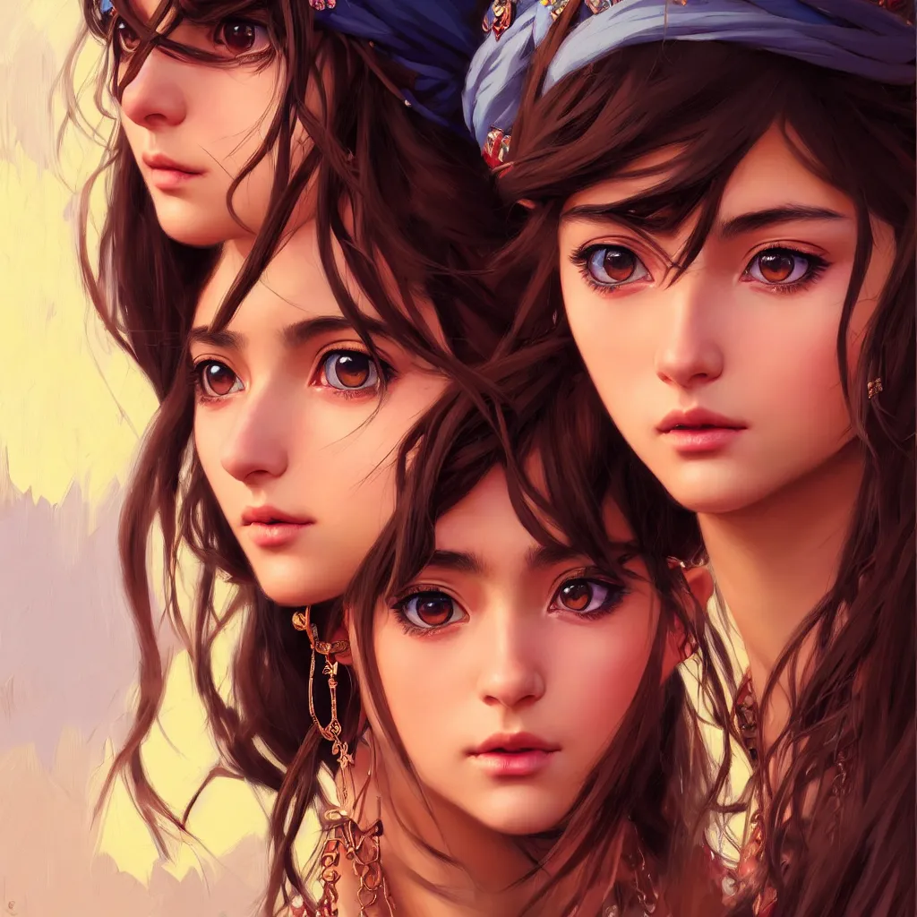 Image similar to a comic portrait of an gypsy girl, fine - face, realistic shaded perfect face, fine details, jewelry, night setting. very anime style. realistic shaded lighting poster by ilya kuvshinov katsuhiro, magali villeneuve, artgerm, jeremy lipkin and michael garmash, rob rey and kentaro miura style, trending on art station