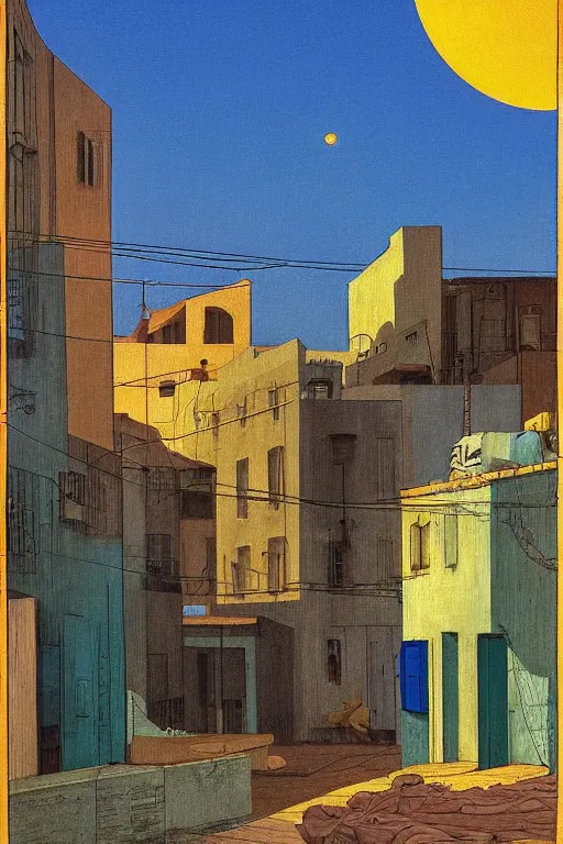 Image similar to eerie tel aviv street mystery at dusk, laundry hanging to dry, solar water heaters and antennas on the roofs, colorful film noir scene. by moebius, giorgio de chirico, edward hopper