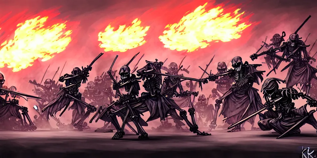 Prompt: skeleton army battalion fighting on the battlefield, epic scene, organic flowing background, black ink & copic markers, vibrant muted colors, fire & smoke, inspired d & d fantasy and cushart krenz 8 k digital illustration, character concept art by katayama bokuyo