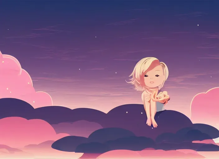 Image similar to a newborn baby with blonde hair lying on a cloud in front of a pink and blue sunrise sky. clean cel shaded vector art. shutterstock. behance hd by lois van baarle, artgerm, helen huang, by makoto shinkai and ilya kuvshinov, rossdraws, illustration, art by ilya kuvshinov