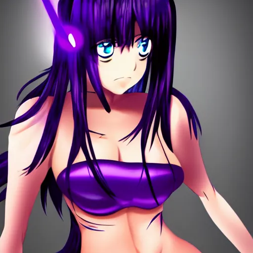 Prompt: anime babe with glossy black hair, abs, glowing purple eyes, and soft skin