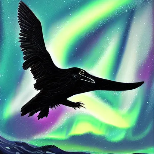 Image similar to detailed digital art, realistic, raven flying through the dark night with a mysterious aurora borealis, by naomi chen, cgsociety