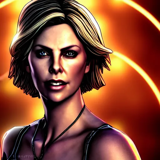 Image similar to charlize theron portrait, borderlands, tales from the borderlands, the wolf among us, comic, cinematic lighting, studio quality, 8 k