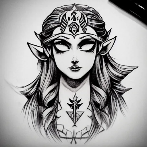 Prompt: tattoo design, stencil, portrait of princess zelda by artgerm, symmetrical face, beautiful