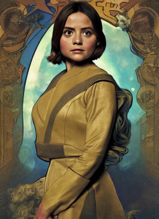 Image similar to jenna coleman as a star trek captain, a still from star trek painted by alphonse mucha. clear highly detailed face, beautiful sci fi art