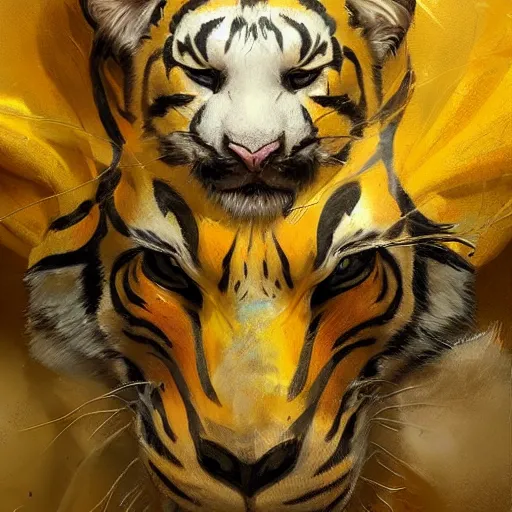 Image similar to a beautfiul award winning aesthetic commission of an antrho albino tiger wearing a yellow-black padded hooded puffer jacket,digital art,art by greg rutkowski,character design by charles bowater,ross tran,photorealistic,detailed face,hyperdetailed,western comic,2021,artstation,deviantart,detailed face