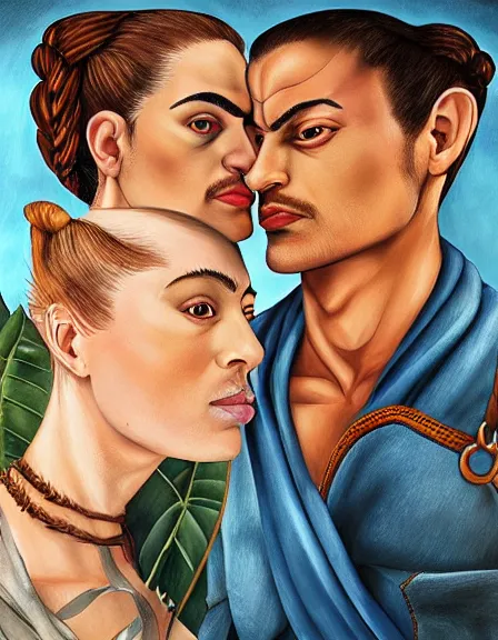 Image similar to couple in love. fully clothed armed female pirate captain, rachel wall, with a male pirate partner, sun, summer, blue eyes, beauty, wisdom, love, strength, knowledge, smart, portrait, symmetrical, highly detailed, digital painting, artstation, smooth, sharp focus, illustration, strength, art by frida kahlo. 8 k