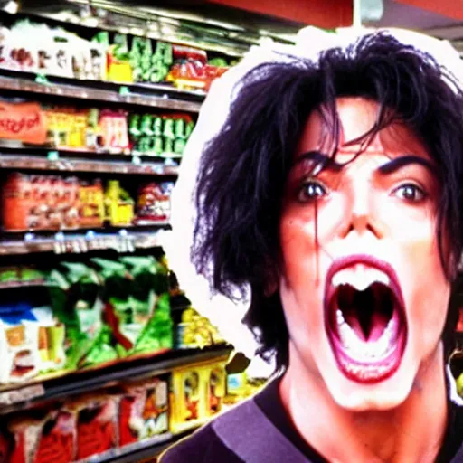 Image similar to micheal jackson giant mouth screaming yelling in supermarket