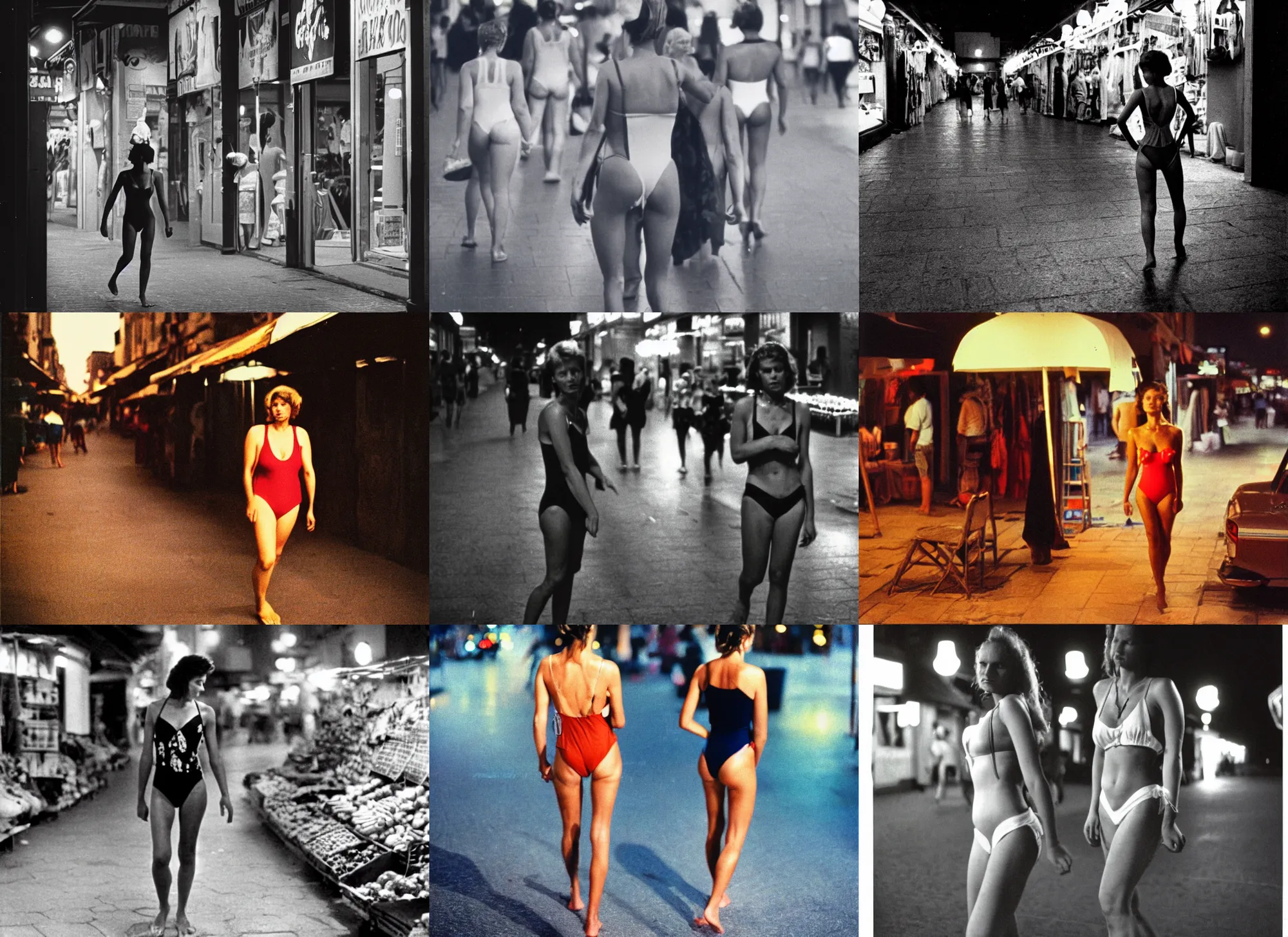 Prompt: color outdoor photograph portrait of a woman in swimsuit walking on the market districts, night, summer, dramatic lighting, 1 9 9 0 photo from live magazine.