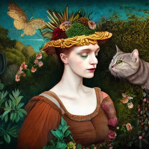 Image similar to a detailed portrait of young woman in renaissance dress and a surreal renaissance headdress, very surreal garden, cyberpunk, surreal tea party, cats, birds, nature, strange creatures, by christian schloe and botticelli, naotto hattori, amy sol, roger dean, moody colors