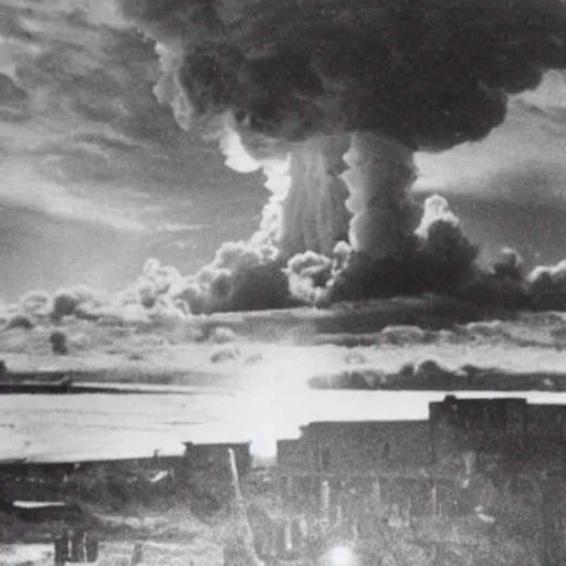 Image similar to a photo taken from inside of a trench showing a nuclear explosion in the distance, you can see the explosion's shockwave in the clouds, realistic, taken on a ww 2 camera.