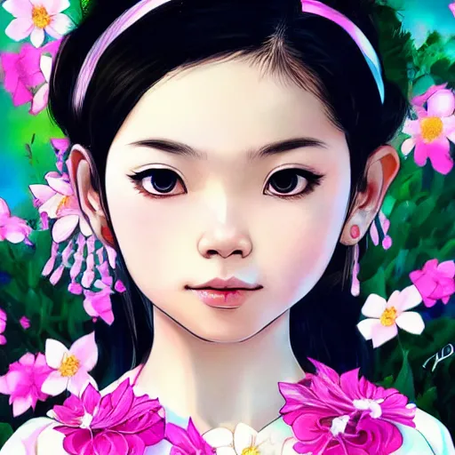Image similar to little thai girl with flowers in hair wearing an white dress. art by ilya kuvshinov, profile picture, inspired in hirohiko araki, realistic, highly detailed, 8 0 s anime art style, vogue cover