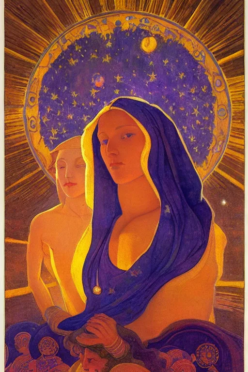 Prompt: queen of the sun and moon and stars by Nicholas Roerich and Annie Swynnerton and Diego Rivera and jean delville, dramatic cinematic lighting , ornate headdress , flowing robes, sacred artifacts, lost civilizations, smooth, sharp focus, extremely detailed