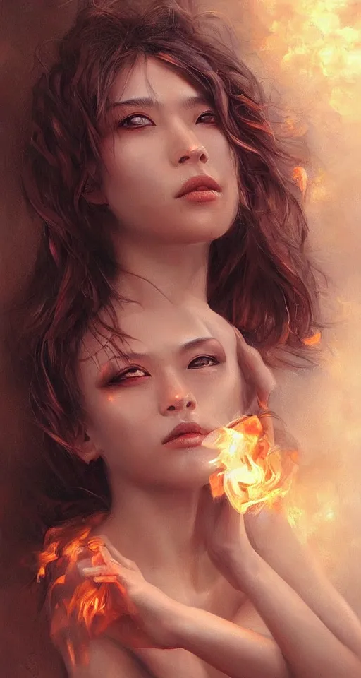 Image similar to a portrait of a beautiful woman with smoke and fire coming out of her eyes, artwork by Stanley Artgerm Lau, a masterpiece