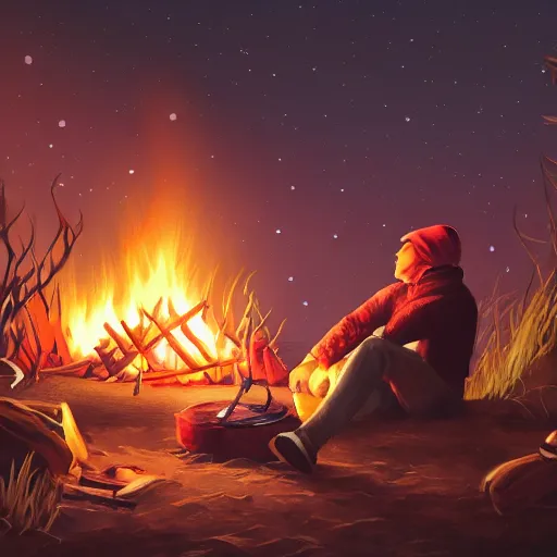 Image similar to Nomadic trader, sitting by a campfire, night, digital art, 4k