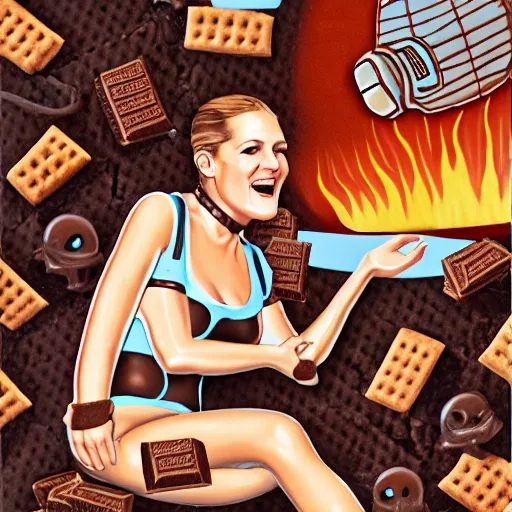 Prompt: smore inside drew barrymore, bionic scifi by alexandre ferra, chocolate and graham cracker background