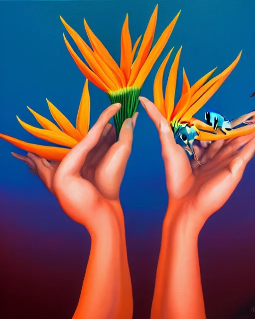 Image similar to neo-surreal painting of very detailed veiny human hands holding Birds of Paradise flowers robert steven connett dramatic orange light 8k high angle shallow depth of field