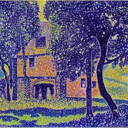 Prompt: the house in the forest ( also known as the old house in the countryville ) ; henri - edmond cross ; pointillism ; 1 9 0 8