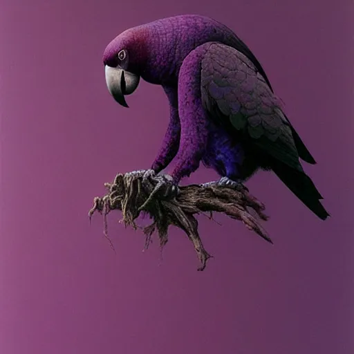 Prompt: dark purple parrot, ethereal, extremely high detail, photorealistic, cinematic lighting, artstation, octane render, art by Zdzisław Beksiński