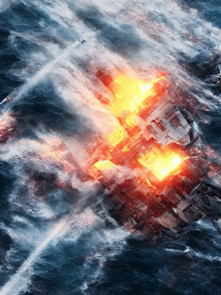 Image similar to breaking apart crashing damaged and on fire mecha battleship sailing alone on a stormy sea at sunset,large waves, explosions, battletech, octane render , aerial photo, cinematic