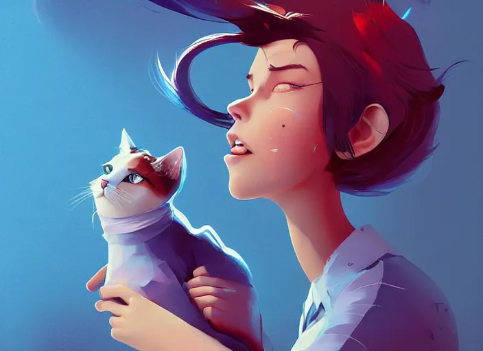 Prompt: a tomboy girl being happy with her cat. style by petros afshar, christopher balaskas, goro fujita, and rolf armstrong.