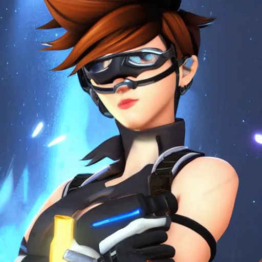 Prompt: tracer overwatch wearing black choker, dark makeup, feminine facial features, detailed eyes, detailed face, 4 k,