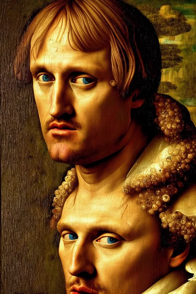 Prompt: bizarre renaissance portrait of owen wilson in a sea of thousands of highly detailed potatos, dramatic cinematic lighting, 8 k, beautiful intricate painting