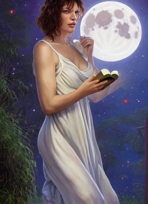 Image similar to milla jovovich in white nightgown reading a book by a river, full moon in a dark starry sky, golden orbs and fireflies, illustration, dramatic lighting, soft details, painting oil on canvas, art nouveau, octane render, 8 k, by edmund blair leighton, brom, charlie bowater, trending on artstation