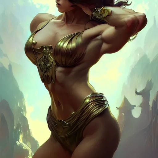 Image similar to cat , muscular upper body, D&D, fantasy, intricate, elegant, highly detailed, digital painting, artstation, concept art, smooth, sharp focus, illustration, art by artgerm and greg rutkowski and alphonse mucha