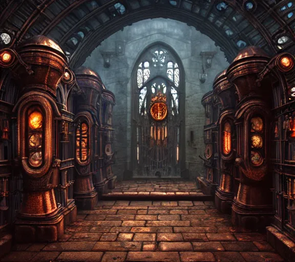 Image similar to steam necropolis, memento mori, gothic, neo - gothic, art nouveau, hyperdetailed copper patina medieval icon, stefan morrell, philippe druillet, ralph mcquarrie, concept art, steampunk, unreal engine, detailed intricate environment, octane render, moody atmospherics, volumetric lighting, ultrasharp, ominous, otherworldly