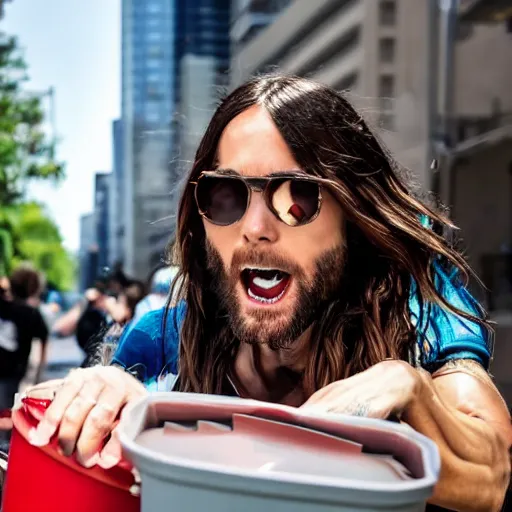 Prompt: close up photo of jared leto bending down and eating out of a full trash can on a city street