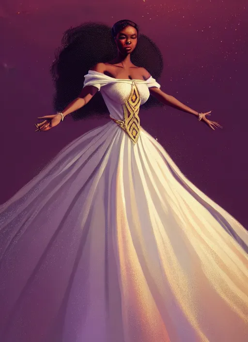 Image similar to full body portrait of young black woman as a princess, beautiful long flowing gown, intricate, beautiful gleaming jewels, highly detailed, digital painting, artstation, concept art, smooth, sharp focus, illustration, art by wlop, mars ravelo and greg rutkowski