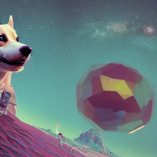 Prompt: Corgis in no man's sky art by Mike Winkelmann, power auras, sigils, tattered cloth robes, substance 3d painter, PBR textures, Physical based rendering, cinematic, hyper realism, high detail, octane render, unreal engine, 8k, Vibrant colors, Smooth gradients, High contrast, depth of field, aperture